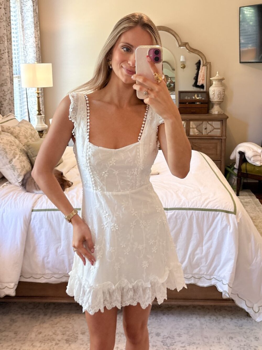 Altar'd State White Embroidered Floral Ruffle Mini Dress | Size Small